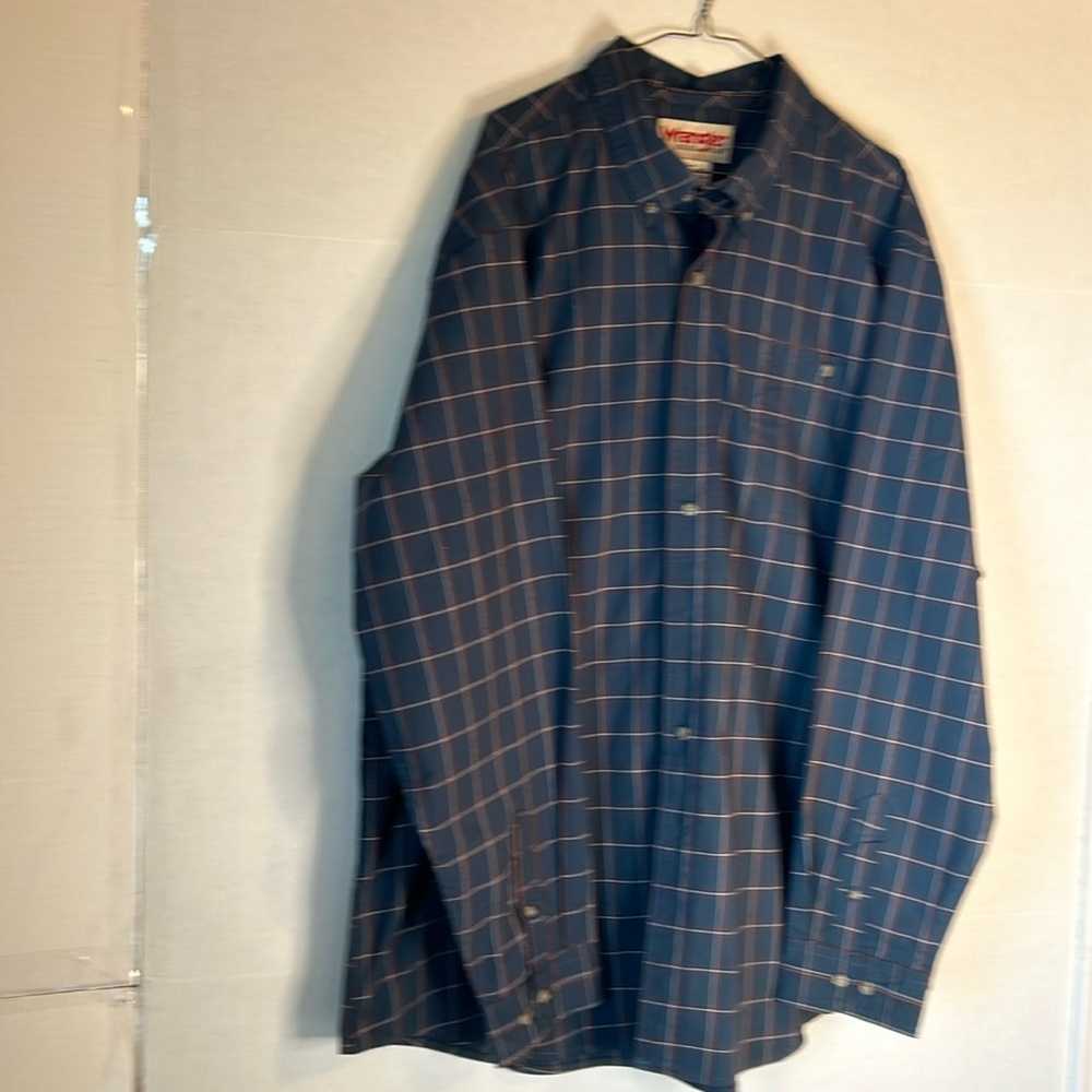 Wrangler Rugged Wear Button Up L/S Western Cowboy Blue Plaid Shirt. Size XXL